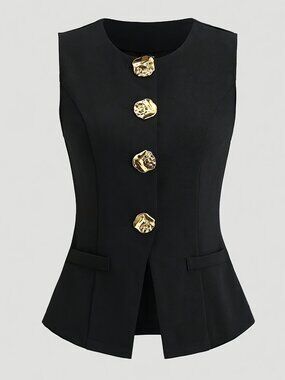 Black French Style Sleeveless Blazer Vest – Gold Button Elegant Top